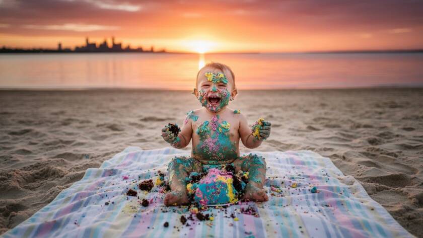 Epic moment capture of a one-year-old child in full joyous mess during a joyful Bonbeach cake smash photography Melbourne session, cake crumbs and frosting everywhere, bathed in golden hour light on the beach.