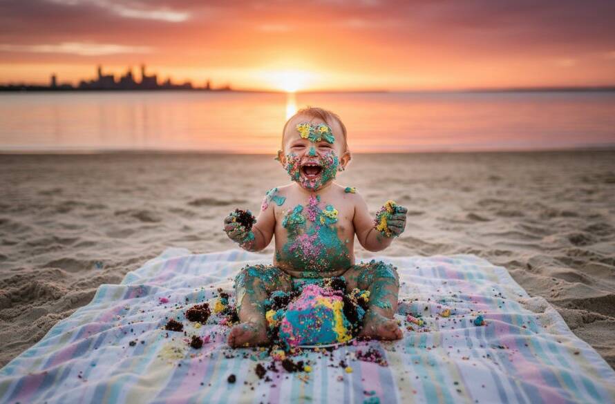 Epic moment capture of a one-year-old child in full joyous mess during a joyful Bonbeach cake smash photography Melbourne session, cake crumbs and frosting everywhere, bathed in golden hour light on the beach.