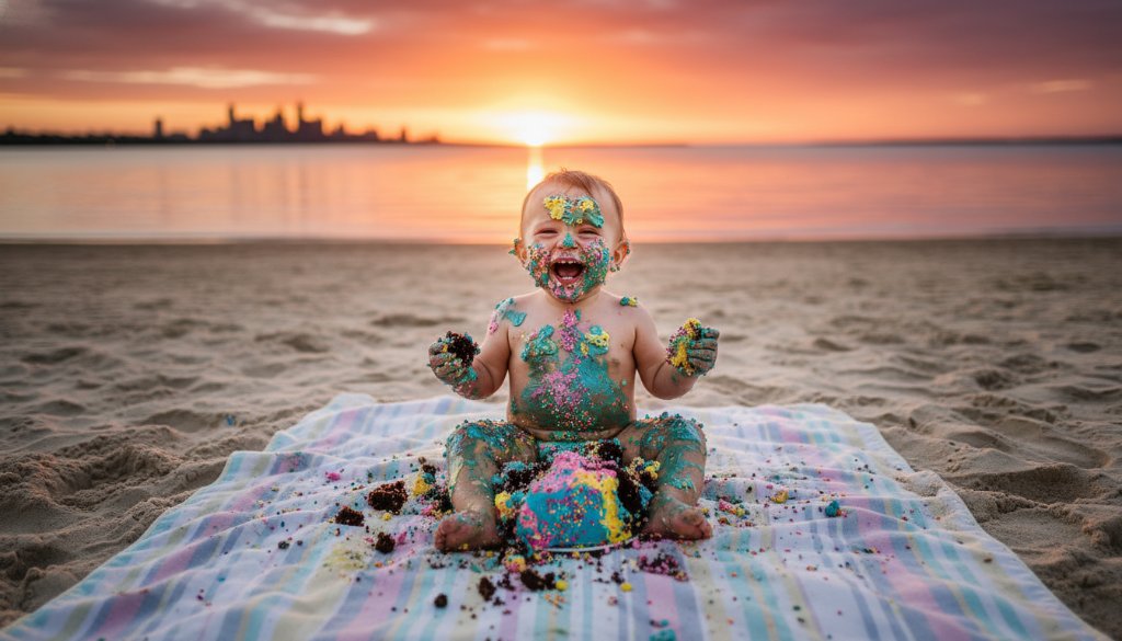 Epic moment capture of a one-year-old child in full joyous mess during a joyful Bonbeach cake smash photography Melbourne session, cake crumbs and frosting everywhere, bathed in golden hour light on the beach.