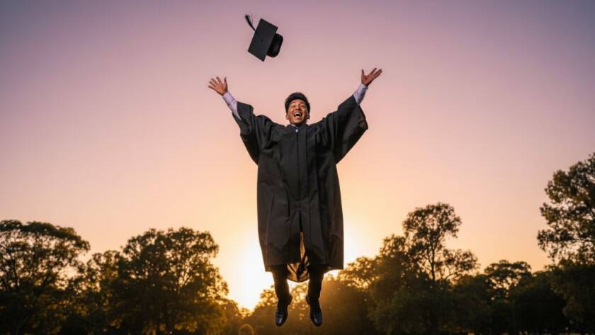 A jubilant graduate in Boronia, mid-air with their cap, beaming with pride, celebrating their Joyful Boronia Graduation Photography Moments against a soft-focused backdrop of a local park at golden hour, professionally captured with dramatic backlighting.