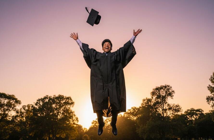 A jubilant graduate in Boronia, mid-air with their cap, beaming with pride, celebrating their Joyful Boronia Graduation Photography Moments against a soft-focused backdrop of a local park at golden hour, professionally captured with dramatic backlighting.