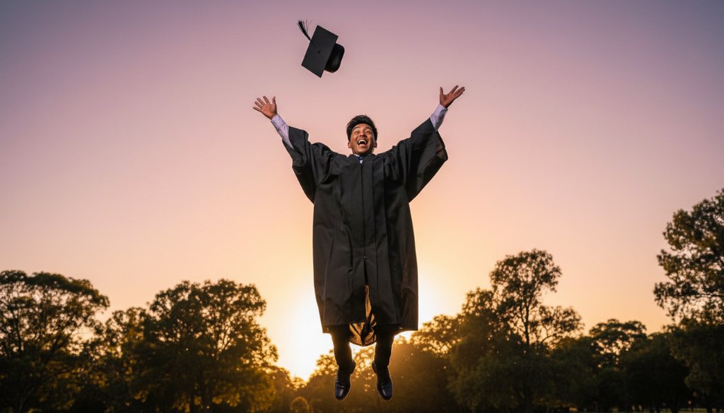 A jubilant graduate in Boronia, mid-air with their cap, beaming with pride, celebrating their Joyful Boronia Graduation Photography Moments against a soft-focused backdrop of a local park at golden hour, professionally captured with dramatic backlighting.