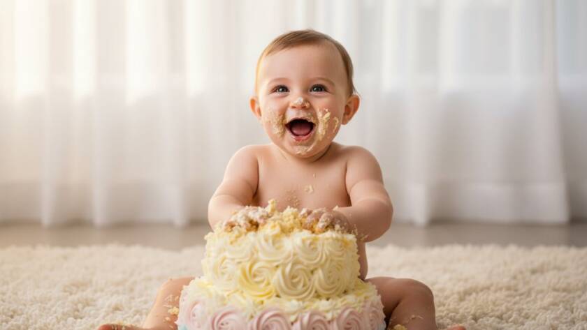 An epic, joy-filled moment captured by a joyful Box Hill South cake smash photographer for first birthdays, featuring a one-year-old baby triumphantly smashing a pastel cake amidst a whimsical studio setup, with dramatic backlighting and glitter accents.