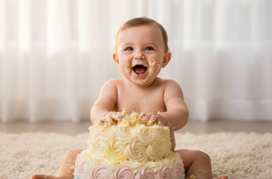 An epic, joy-filled moment captured by a joyful Box Hill South cake smash photographer for first birthdays, featuring a one-year-old baby triumphantly smashing a pastel cake amidst a whimsical studio setup, with dramatic backlighting and glitter accents.