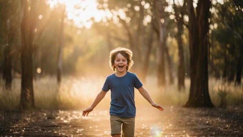 A vibrant, professionally colour-graded photograph capturing an epic moment during a joyful Brown Hill kids photoshoot Victoria, featuring a child running through golden light in a natural setting, evoking pure happiness and wonder.