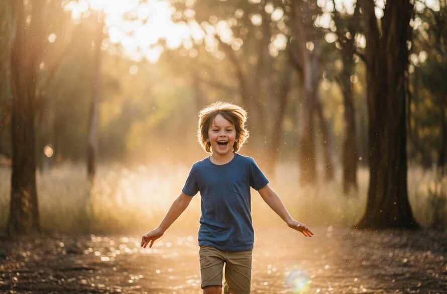 A vibrant, professionally colour-graded photograph capturing an epic moment during a joyful Brown Hill kids photoshoot Victoria, featuring a child running through golden light in a natural setting, evoking pure happiness and wonder.