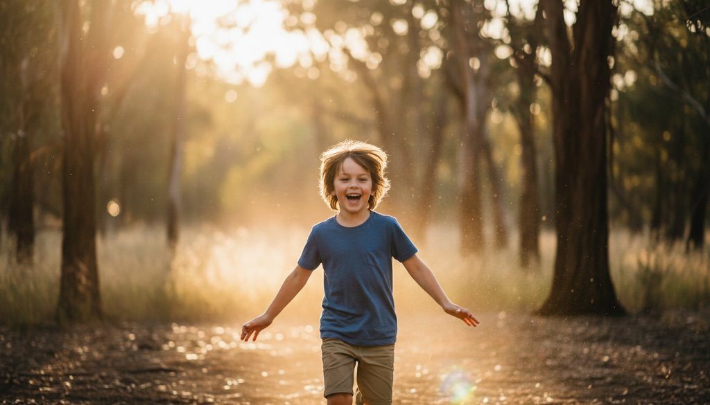 A vibrant, professionally colour-graded photograph capturing an epic moment during a joyful Brown Hill kids photoshoot Victoria, featuring a child running through golden light in a natural setting, evoking pure happiness and wonder.
