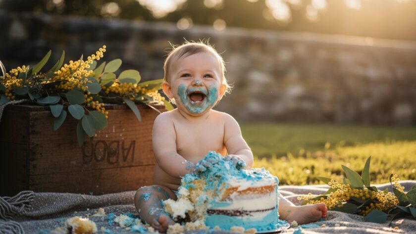 Close-up of a baby's joyful Buninyong cake smash photography experience, with frosting smeared on their face, eyes wide with delight, and dramatic natural light highlighting the messy fun in a picturesque Buninyong setting.