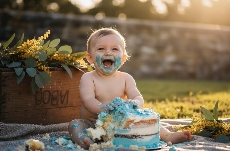 Close-up of a baby's joyful Buninyong cake smash photography experience, with frosting smeared on their face, eyes wide with delight, and dramatic natural light highlighting the messy fun in a picturesque Buninyong setting.