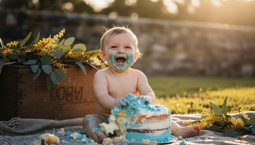Close-up of a baby's joyful Buninyong cake smash photography experience, with frosting smeared on their face, eyes wide with delight, and dramatic natural light highlighting the messy fun in a picturesque Buninyong setting.