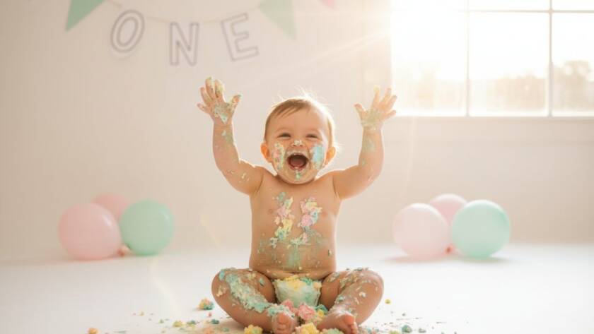 An adorable baby covered in cake, laughing joyfully amidst colourful balloons and soft light, captured during a Burnside Victoria first birthday cake smash photography session.
