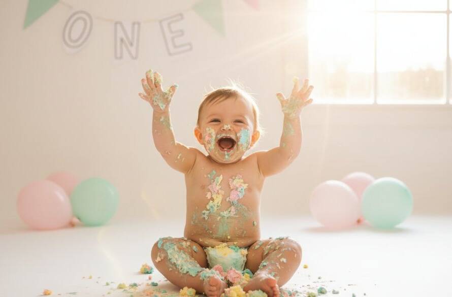 An adorable baby covered in cake, laughing joyfully amidst colourful balloons and soft light, captured during a Burnside Victoria first birthday cake smash photography session.