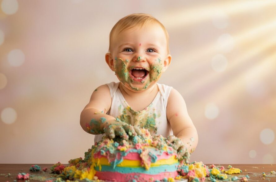 An epic moment captured by a joyful cake smash photographer in Horsham Victoria, showing a beaming one-year-old child covered in cake, surrounded by colourful balloons, with dramatic golden hour lighting highlighting their joyous expression and mess.