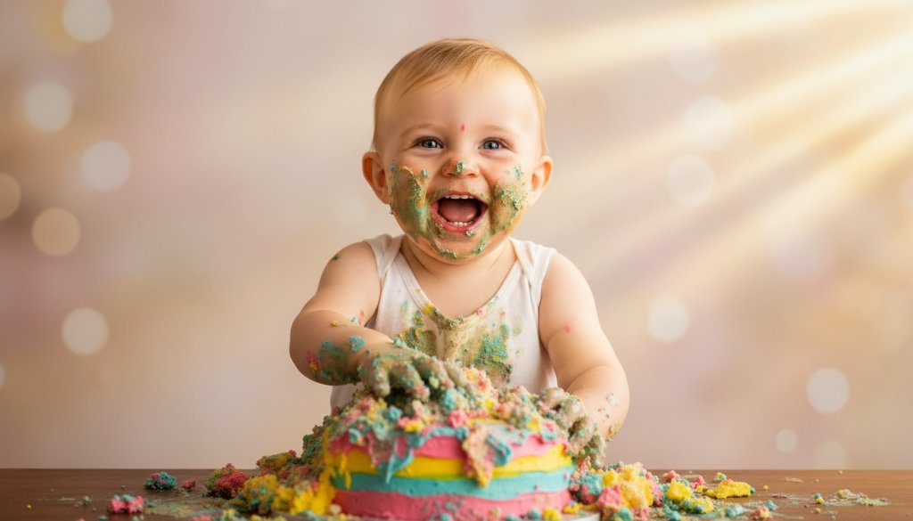 An epic moment captured by a joyful cake smash photographer in Horsham Victoria, showing a beaming one-year-old child covered in cake, surrounded by colourful balloons, with dramatic golden hour lighting highlighting their joyous expression and mess.