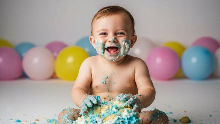 A truly joyful cake smash photography Berwick first birthday moment, featuring a delighted baby covered in blue icing, laughing amidst colorful balloons in a brightly lit studio, capturing pure, messy fun with professional lighting and vivid colours.
