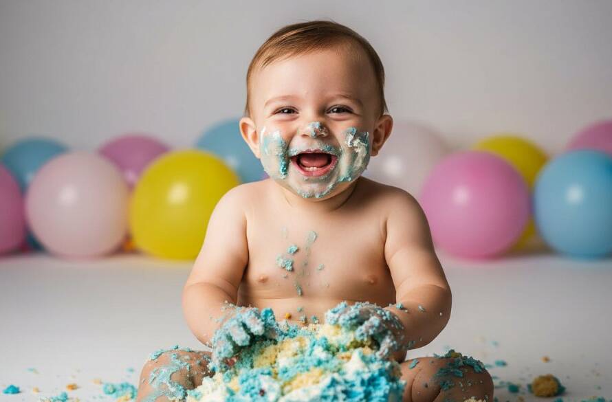 A truly joyful cake smash photography Berwick first birthday moment, featuring a delighted baby covered in blue icing, laughing amidst colorful balloons in a brightly lit studio, capturing pure, messy fun with professional lighting and vivid colours.