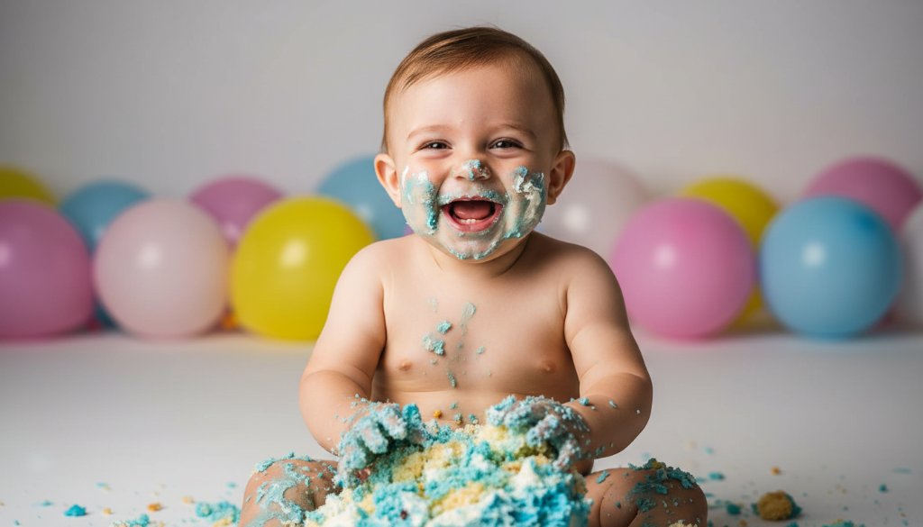 A truly joyful cake smash photography Berwick first birthday moment, featuring a delighted baby covered in blue icing, laughing amidst colorful balloons in a brightly lit studio, capturing pure, messy fun with professional lighting and vivid colours.