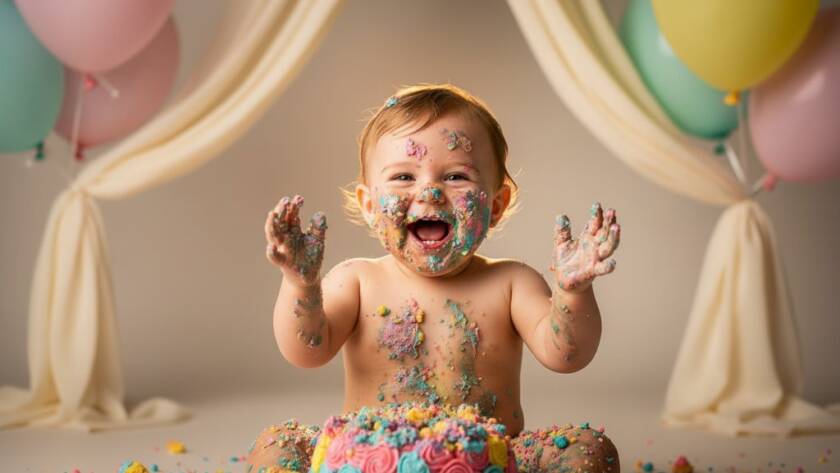 An 'epic moment' style photograph capturing joyful cake smash photography Blackburn North Victoria, with a one-year-old child covered in cake, laughing amidst colorful balloons and soft, dramatic studio lighting.