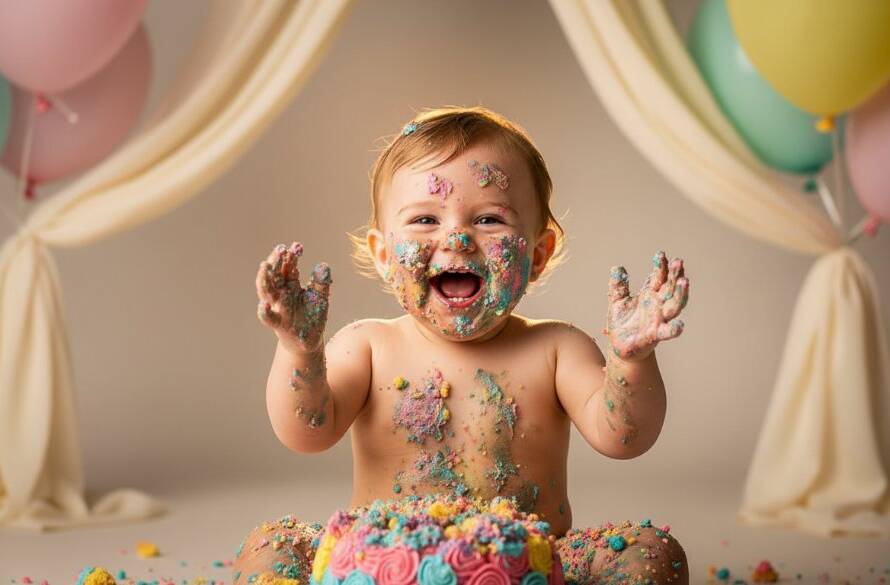An 'epic moment' style photograph capturing joyful cake smash photography Blackburn North Victoria, with a one-year-old child covered in cake, laughing amidst colorful balloons and soft, dramatic studio lighting.