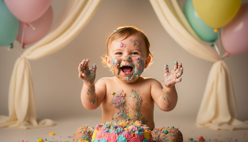 An 'epic moment' style photograph capturing joyful cake smash photography Blackburn North Victoria, with a one-year-old child covered in cake, laughing amidst colorful balloons and soft, dramatic studio lighting.