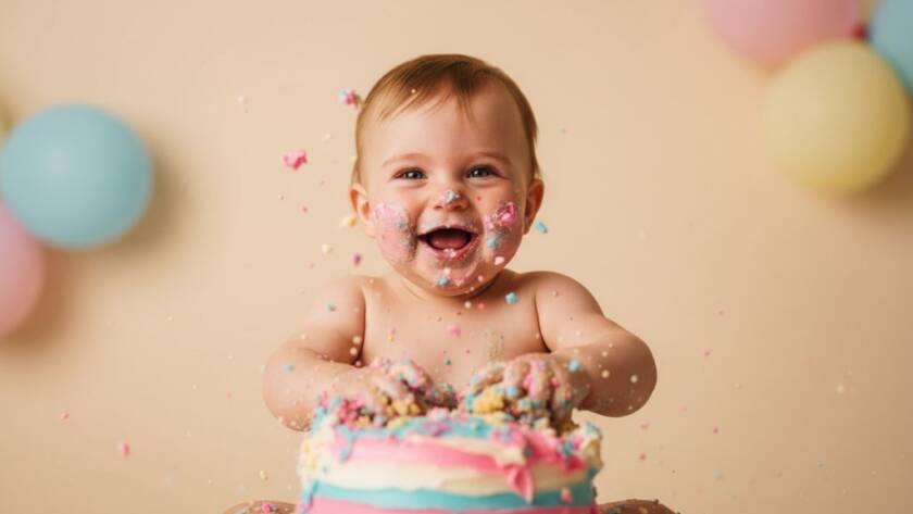 An epic moment of pure joy captured: a baby gleefully smashing a colourful birthday cake, surrounded by pastel balloons in a professionally lit studio setting in Box Hill South, showcasing joyful cake smash photography for a first birthday.