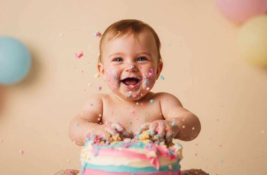 An epic moment of pure joy captured: a baby gleefully smashing a colourful birthday cake, surrounded by pastel balloons in a professionally lit studio setting in Box Hill South, showcasing joyful cake smash photography for a first birthday.