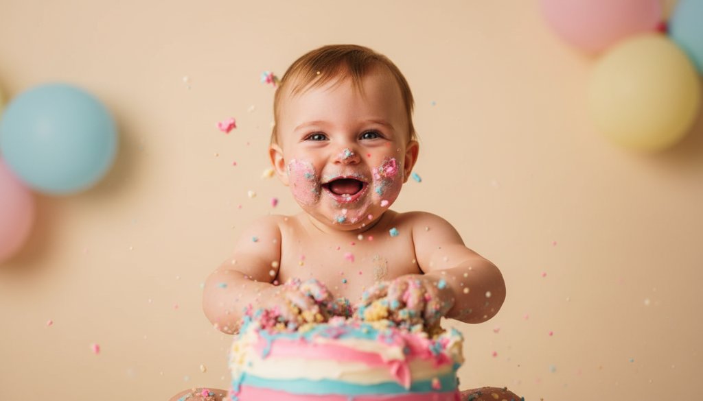 An epic moment of pure joy captured: a baby gleefully smashing a colourful birthday cake, surrounded by pastel balloons in a professionally lit studio setting in Box Hill South, showcasing joyful cake smash photography for a first birthday.
