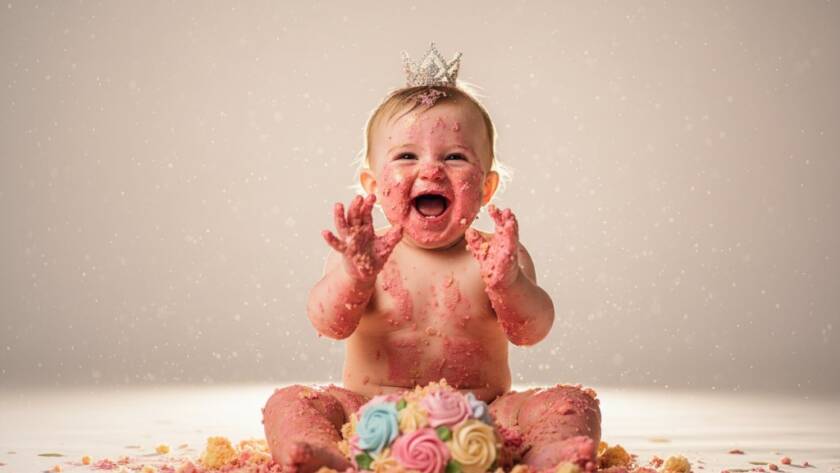 An adorable toddler in a white romper, hands deep in a colourful cake, laughing amidst pastel balloons and soft natural light, capturing a joyful cake smash photography Box Hill Victoria epic moment, professionally colour graded.