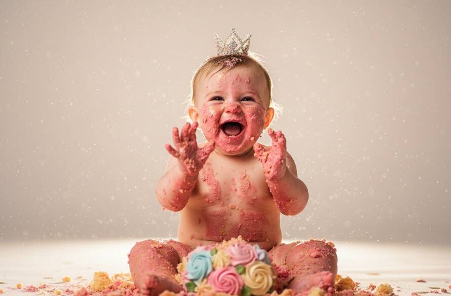 An adorable toddler in a white romper, hands deep in a colourful cake, laughing amidst pastel balloons and soft natural light, capturing a joyful cake smash photography Box Hill Victoria epic moment, professionally colour graded.