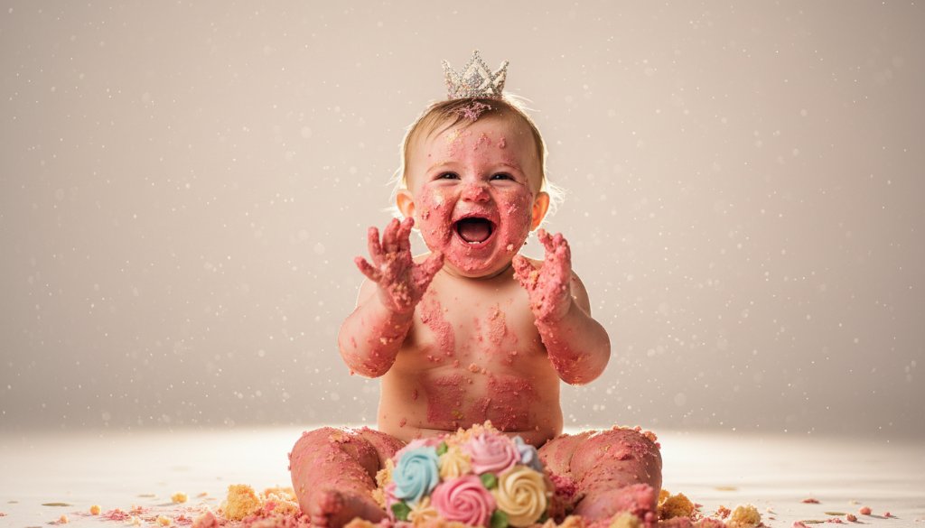 An adorable toddler in a white romper, hands deep in a colourful cake, laughing amidst pastel balloons and soft natural light, capturing a joyful cake smash photography Box Hill Victoria epic moment, professionally colour graded.