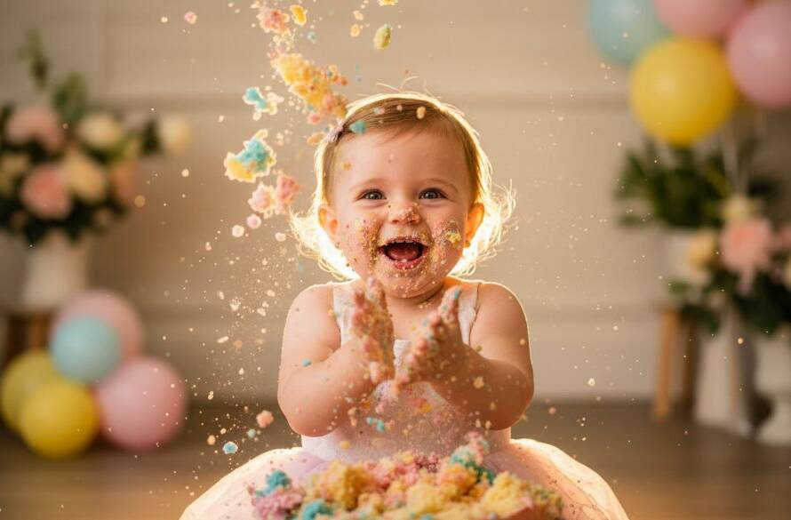 A wide-angle, vibrant photograph capturing the joyful cake smash photography Caulfield Victoria moment of a one-year-old baby, covered in colourful frosting, laughing exuberantly amidst a beautifully styled set, with dramatic backlighting highlighting the frosting spray as they clap their hands in pure delight.