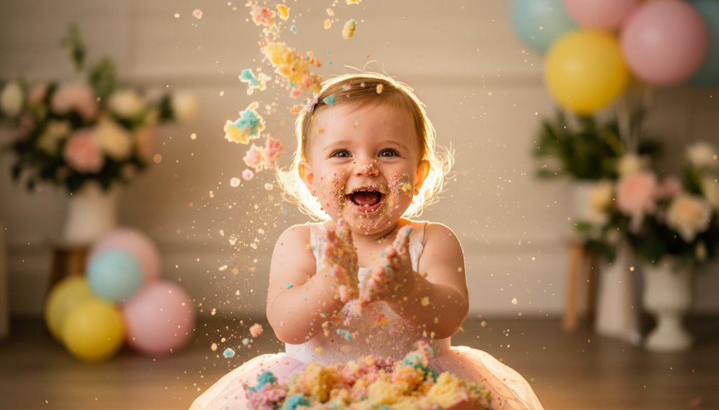 A wide-angle, vibrant photograph capturing the joyful cake smash photography Caulfield Victoria moment of a one-year-old baby, covered in colourful frosting, laughing exuberantly amidst a beautifully styled set, with dramatic backlighting highlighting the frosting spray as they clap their hands in pure delight.
