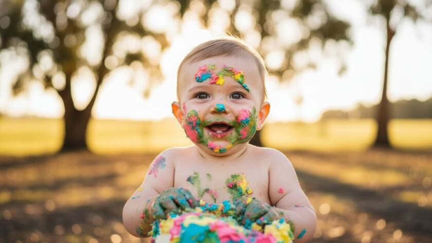 An adorable baby, covered in cake, laughing joyfully amidst a rustic outdoor setting in Exford, Victoria, capturing a truly epic moment of joyful cake smash photography, with soft golden hour light.