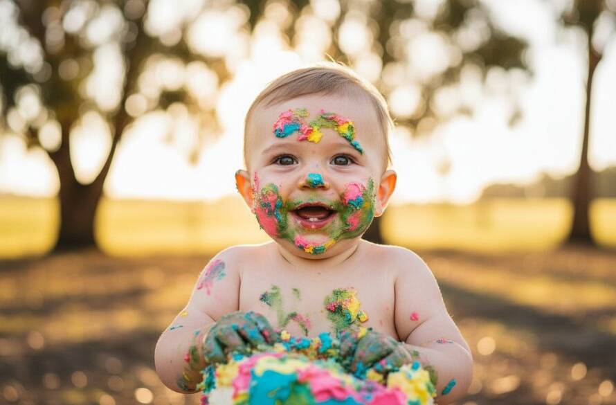 An adorable baby, covered in cake, laughing joyfully amidst a rustic outdoor setting in Exford, Victoria, capturing a truly epic moment of joyful cake smash photography, with soft golden hour light.