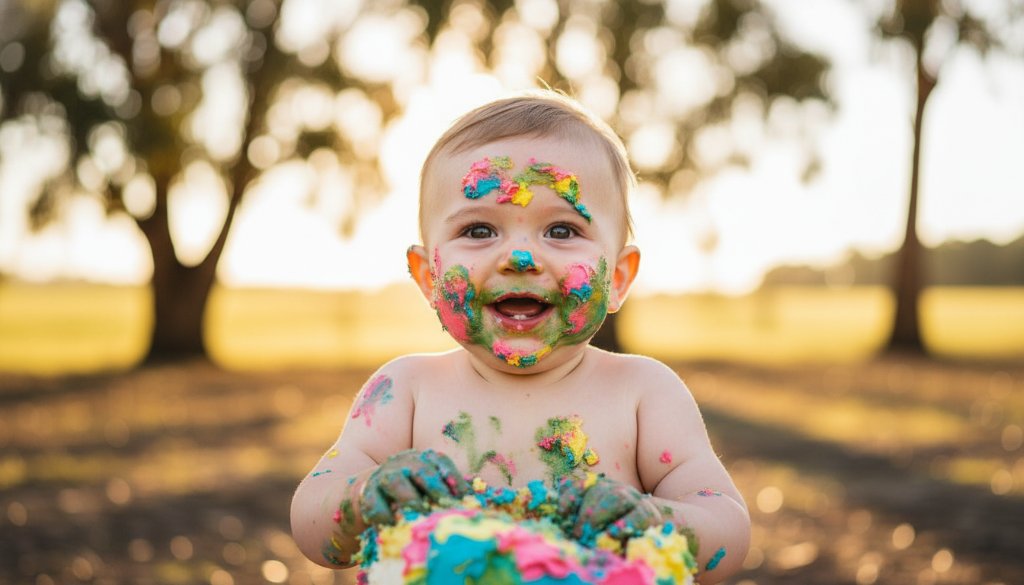 An adorable baby, covered in cake, laughing joyfully amidst a rustic outdoor setting in Exford, Victoria, capturing a truly epic moment of joyful cake smash photography, with soft golden hour light.