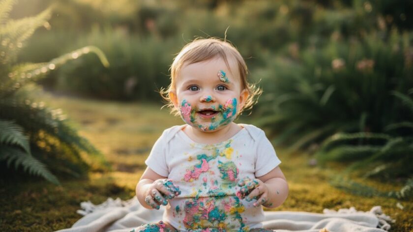 An adorable one-year-old child covered in cake, laughing joyfully amidst a whimsical, naturally lit outdoor setting in Hepburn Springs, capturing an epic moment of their joyful cake smash photography Hepburn Springs Victoria session with professional colour grading.