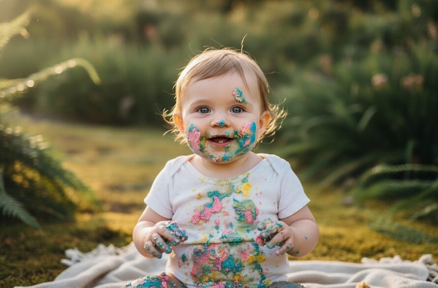 An adorable one-year-old child covered in cake, laughing joyfully amidst a whimsical, naturally lit outdoor setting in Hepburn Springs, capturing an epic moment of their joyful cake smash photography Hepburn Springs Victoria session with professional colour grading.