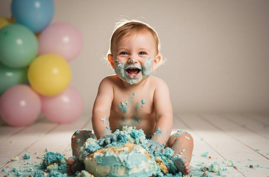 A stunning, professionally lit wide shot capturing a baby mid-smash in a joyful cake smash photography Noble Park Victoria session, frosting on their face, surrounded by colourful balloons, with soft, dramatic natural light filtering into a studio-like setting, celebrating an unforgettable first birthday milestone.