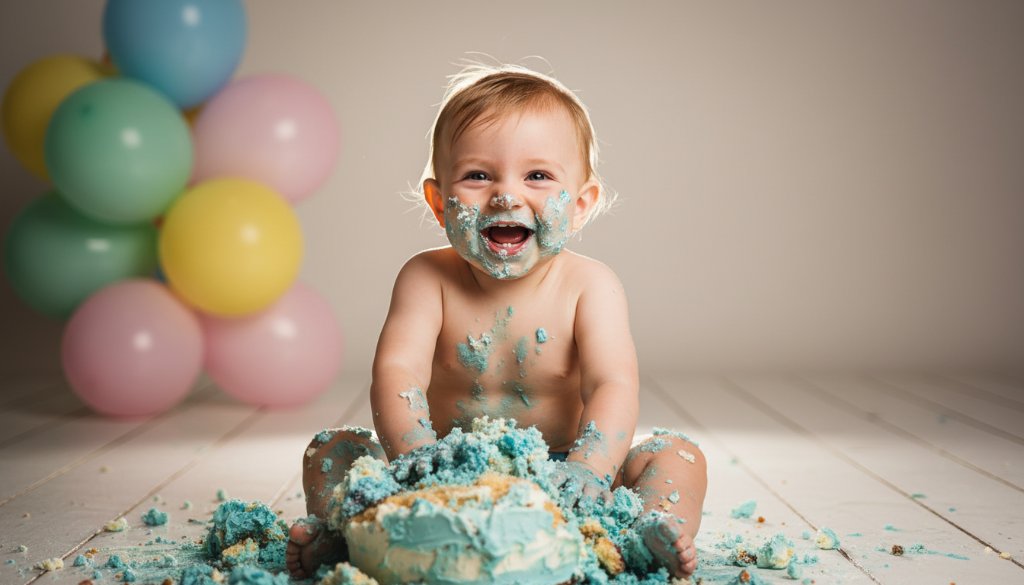 A stunning, professionally lit wide shot capturing a baby mid-smash in a joyful cake smash photography Noble Park Victoria session, frosting on their face, surrounded by colourful balloons, with soft, dramatic natural light filtering into a studio-like setting, celebrating an unforgettable first birthday milestone.