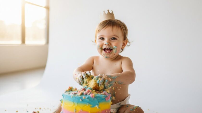 An epic moment captured in South Geelong, Victoria, showcasing joyful cake smash photography South Geelong Vic, as a one-year-old child gleefully plunges hands into a colourful, smashed cake with frosting everywhere, wide-eyed and laughing amidst soft, professional studio lighting.