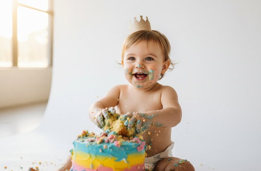 An epic moment captured in South Geelong, Victoria, showcasing joyful cake smash photography South Geelong Vic, as a one-year-old child gleefully plunges hands into a colourful, smashed cake with frosting everywhere, wide-eyed and laughing amidst soft, professional studio lighting.