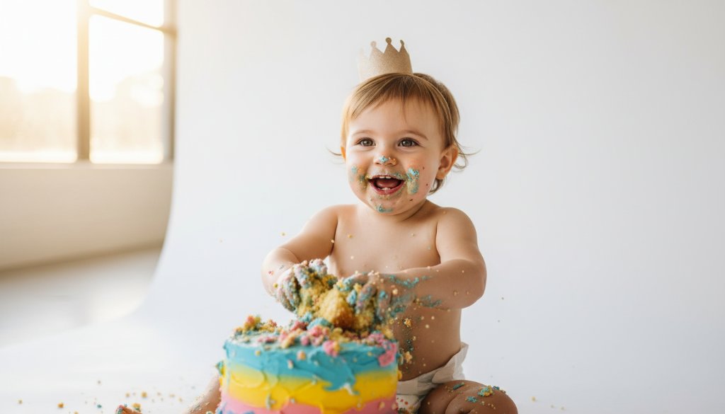 An epic moment captured in South Geelong, Victoria, showcasing joyful cake smash photography South Geelong Vic, as a one-year-old child gleefully plunges hands into a colourful, smashed cake with frosting everywhere, wide-eyed and laughing amidst soft, professional studio lighting.