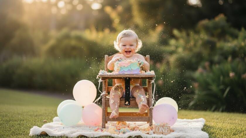 An epic moment of joyful cake smash photography Warrandyte South first birthday celebration, featuring a laughing baby covered in colourful cake, surrounded by whimsical decor in a sun-dappled Warrandyte South garden setting, captured with professional, dramatic lighting.