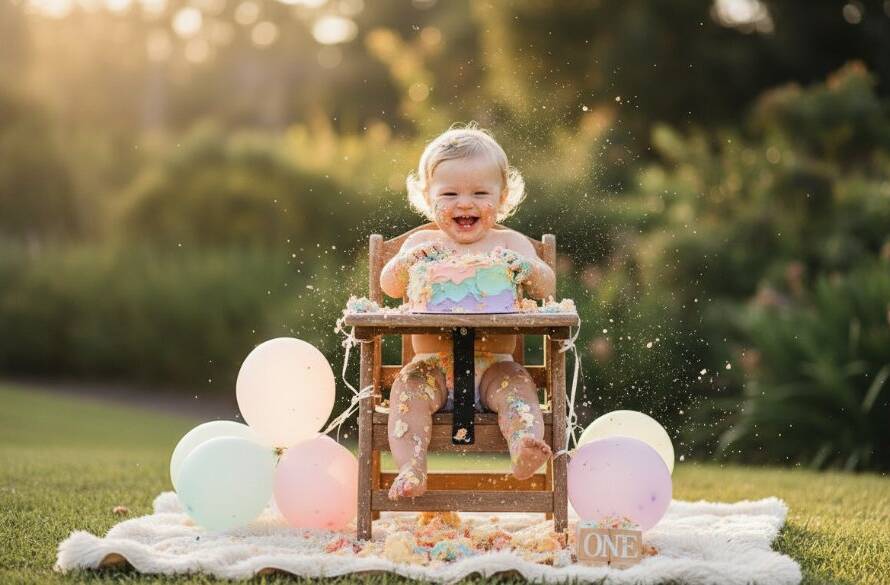 An epic moment of joyful cake smash photography Warrandyte South first birthday celebration, featuring a laughing baby covered in colourful cake, surrounded by whimsical decor in a sun-dappled Warrandyte South garden setting, captured with professional, dramatic lighting.