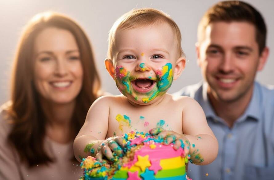 An adorable baby, covered in frosting from a smashed cake, laughing with pure delight, as proud parents watch with beaming smiles in a beautifully decorated studio setting in Wyndham Vale. The scene is captured with professional, warm lighting, creating an epic moment of joyful cake smash photography Wyndham Vale parents will cherish.