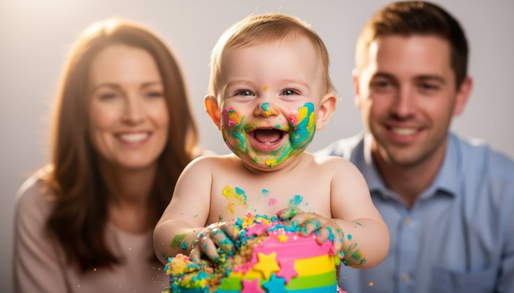 An adorable baby, covered in frosting from a smashed cake, laughing with pure delight, as proud parents watch with beaming smiles in a beautifully decorated studio setting in Wyndham Vale. The scene is captured with professional, warm lighting, creating an epic moment of joyful cake smash photography Wyndham Vale parents will cherish.
