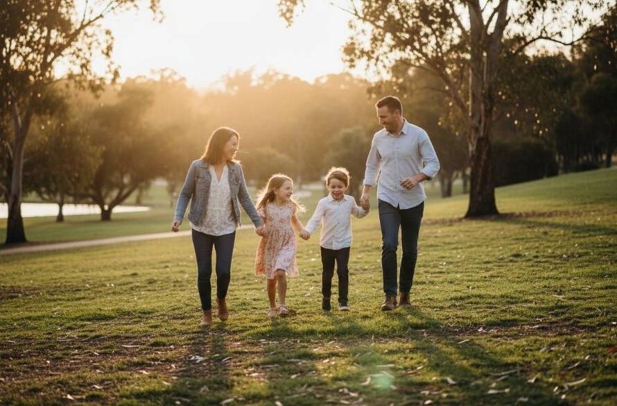 An epic wide-angle shot capturing joyful candid family moments in a sun-drenched park in Doncaster East, Victoria. A family of four (parents and two young children) are laughing genuinely, running towards the camera with golden light filtering through autumn leaves, creating a warm and vibrant scene of pure happiness. Professional cinematic colour grading.