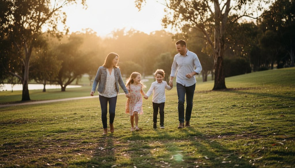 An epic wide-angle shot capturing joyful candid family moments in a sun-drenched park in Doncaster East, Victoria. A family of four (parents and two young children) are laughing genuinely, running towards the camera with golden light filtering through autumn leaves, creating a warm and vibrant scene of pure happiness. Professional cinematic colour grading.