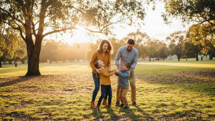 A family laughing together amidst golden hour light in a Box Hill North park, capturing an authentic, heartwarming epic moment of joyful candid family photography.