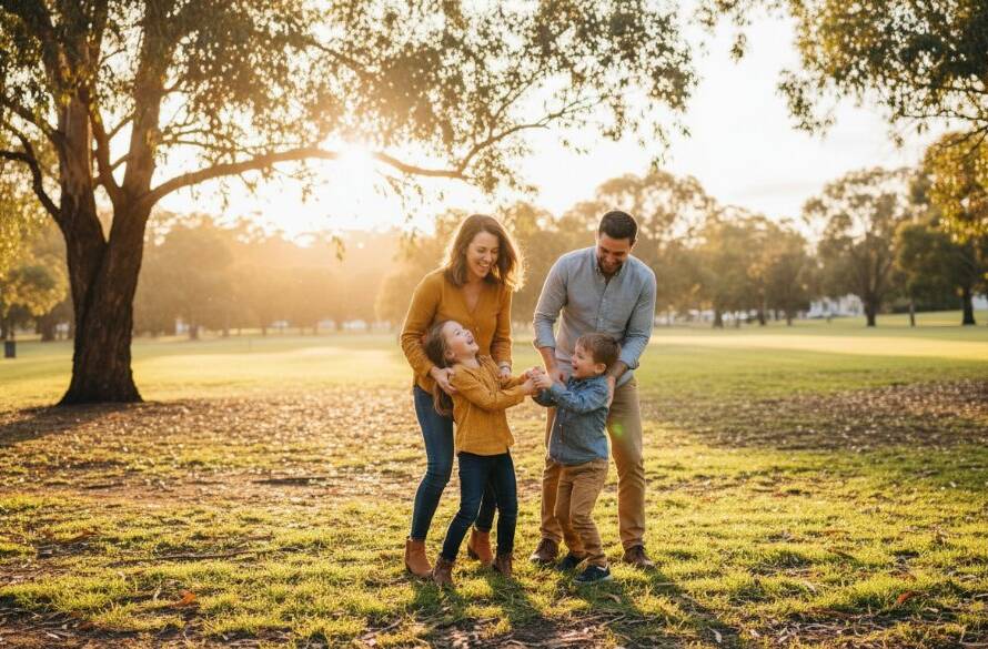 A family laughing together amidst golden hour light in a Box Hill North park, capturing an authentic, heartwarming epic moment of joyful candid family photography.